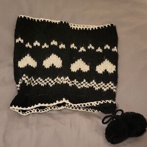 Black and White Knit Scarf with Pom Poms